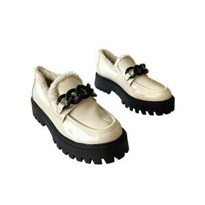 Dolce Vita Chunky Cream Loafers Faux Fur Black Chain Detail Sz 9.5